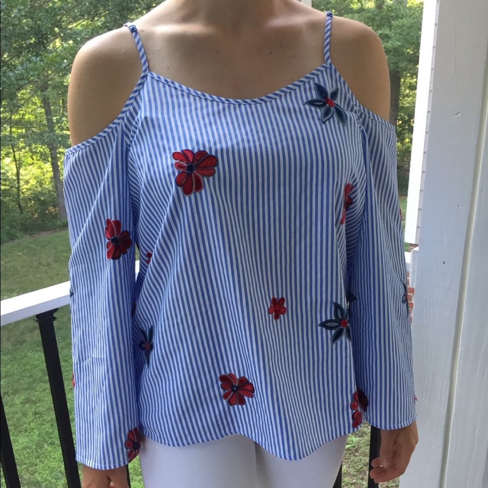 Blue & White Striped Floral Blouse